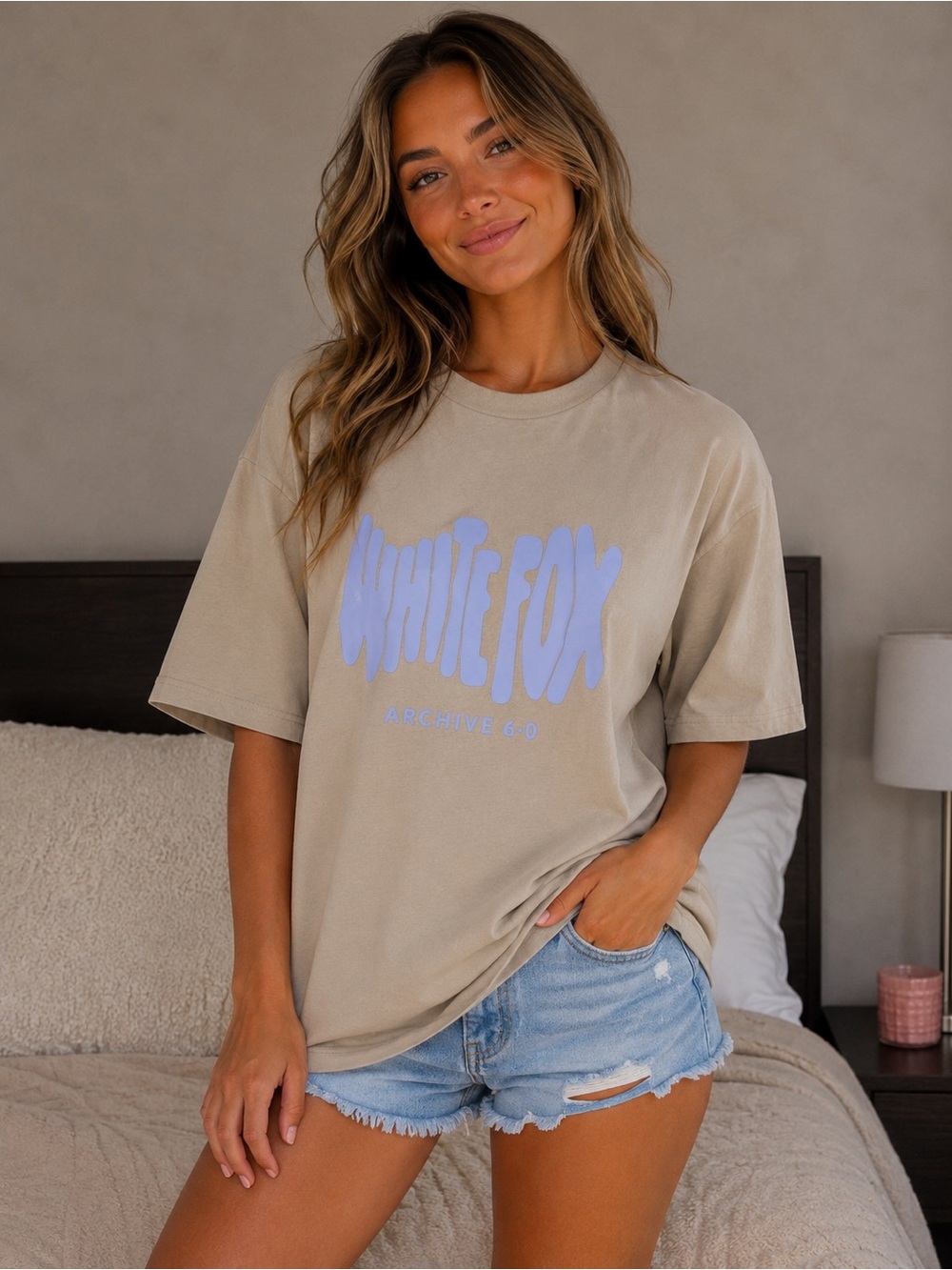 White Fox Boutique Beige Graphic Tee with Light Blue Logo